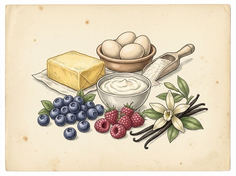 Bahan berry yogurt cake: bluberi dan rasberi segar, mentega, telur, tepung, gula, dan Greek yogurt