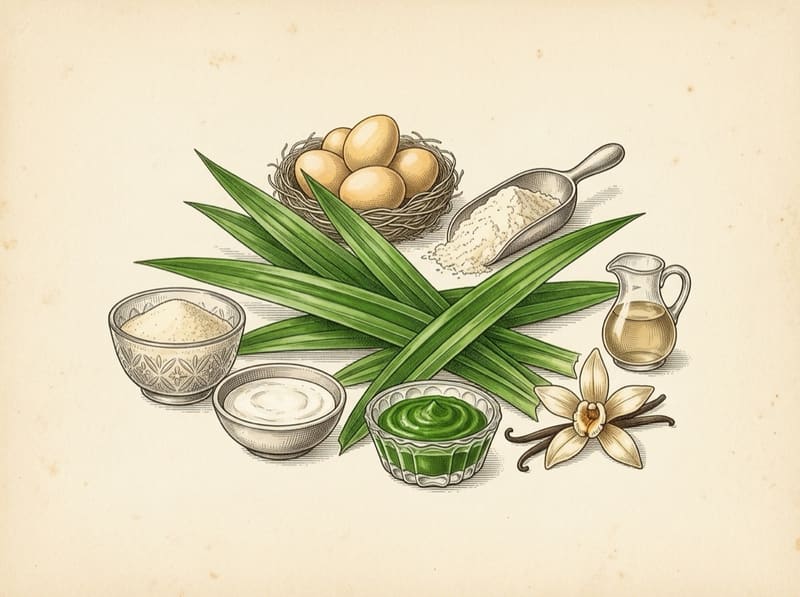 Bahan bolu pandan: daun pandan segar, telur, tepung, santan, gula, dan pasta pandan